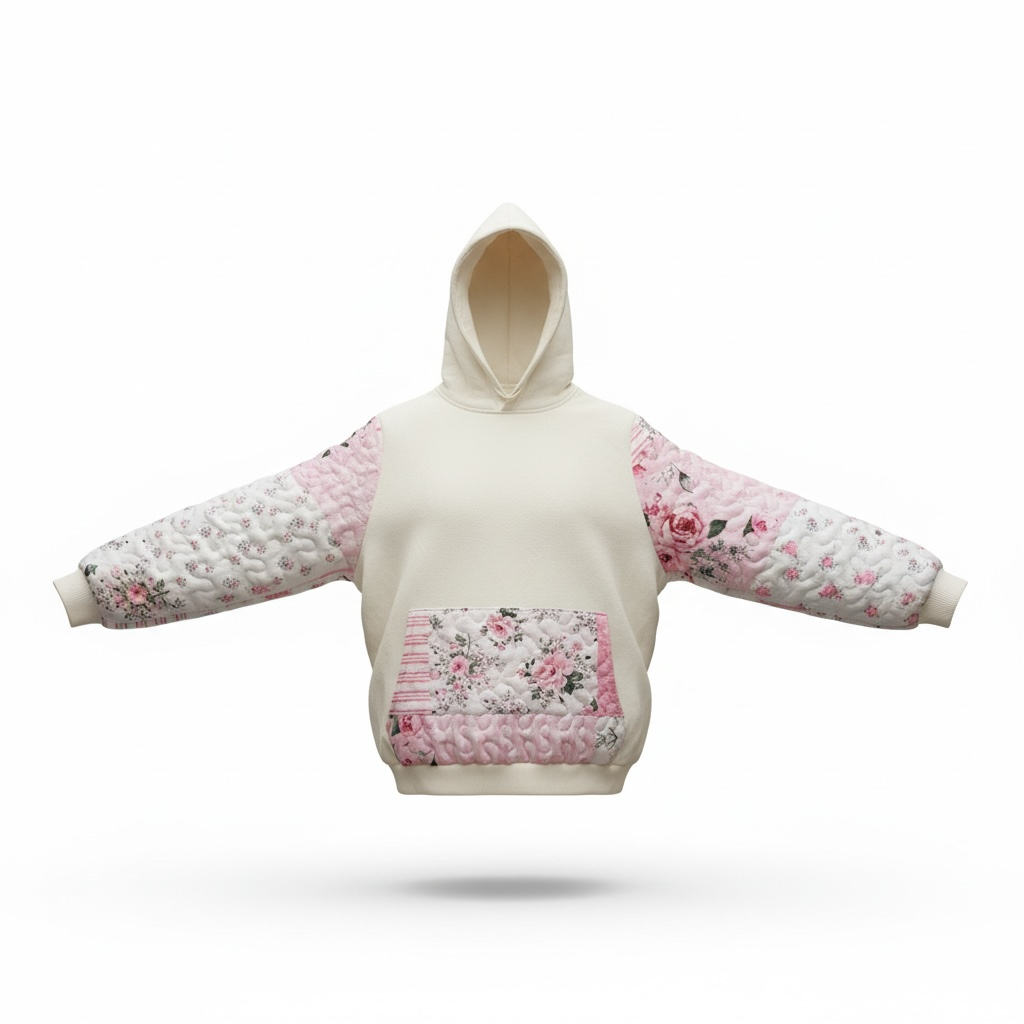 Off White And Pink Quilted Flower Hoodie