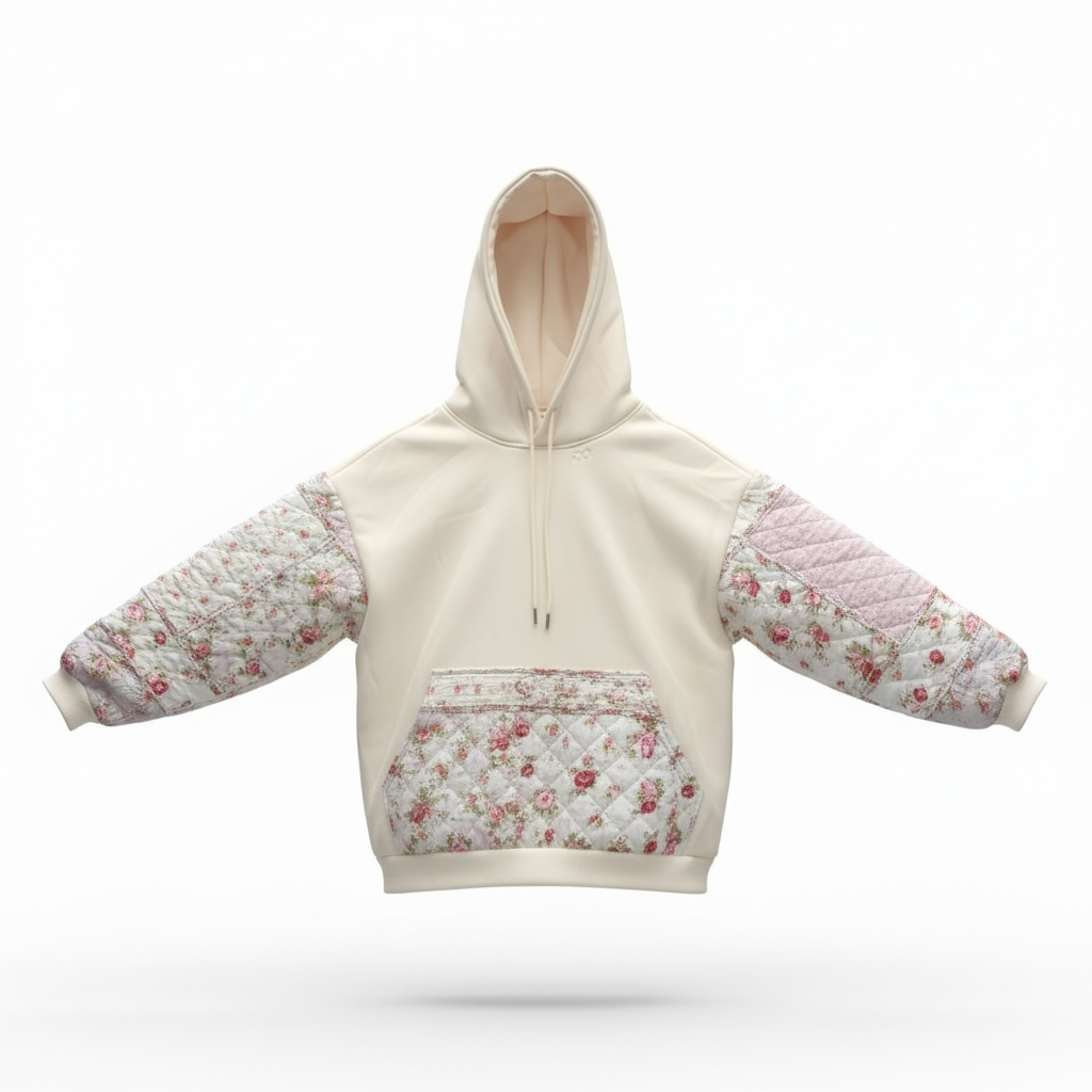 Butter Cream And Pink Quilted Flower Hoodie