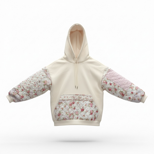 Butter Cream And Pink Quilted Flower Hoodie