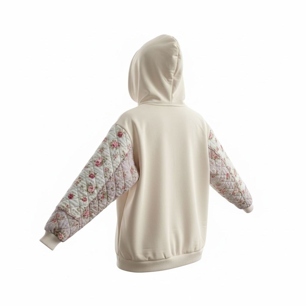 Butter Cream And Pink Quilted Flower Hoodie