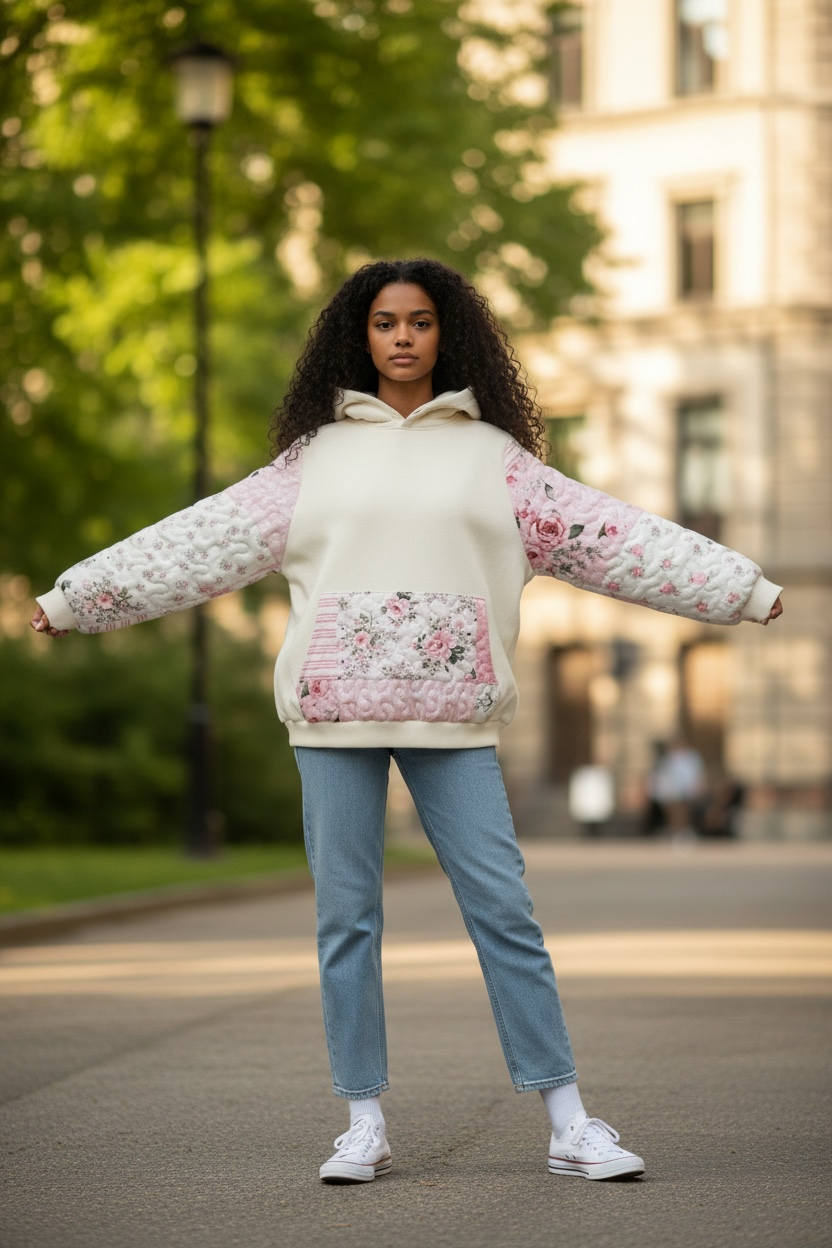 Off White And Pink Quilted Flower Hoodie