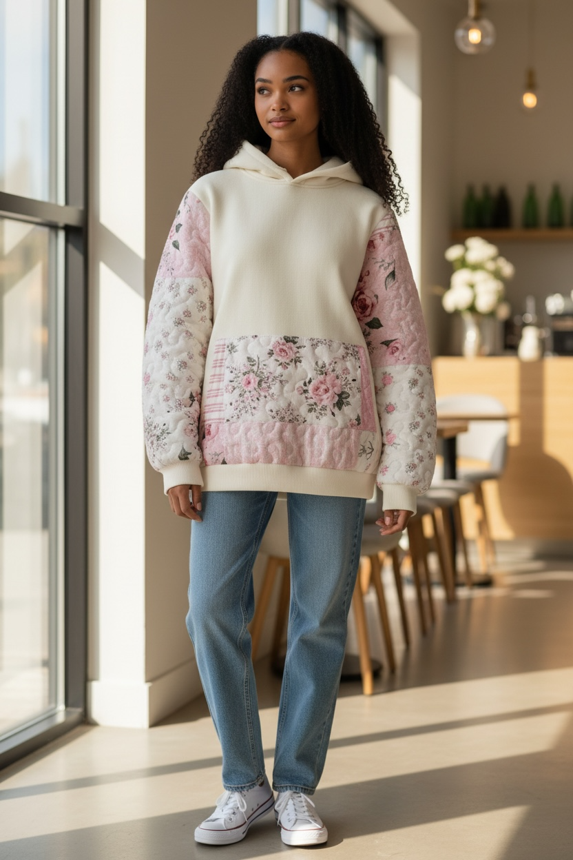 Off White And Pink Quilted Flower Hoodie