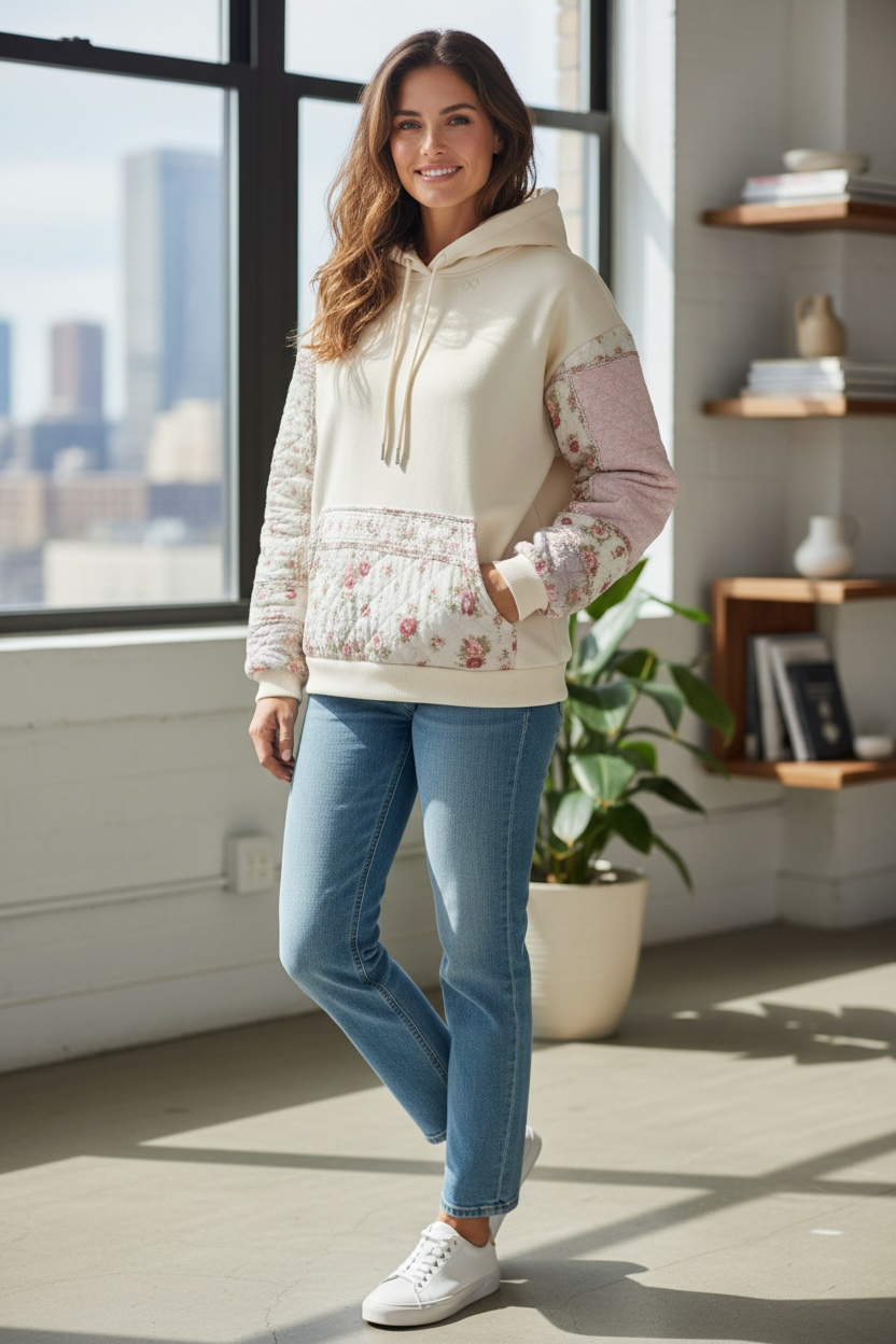 Butter Cream And Pink Quilted Flower Hoodie