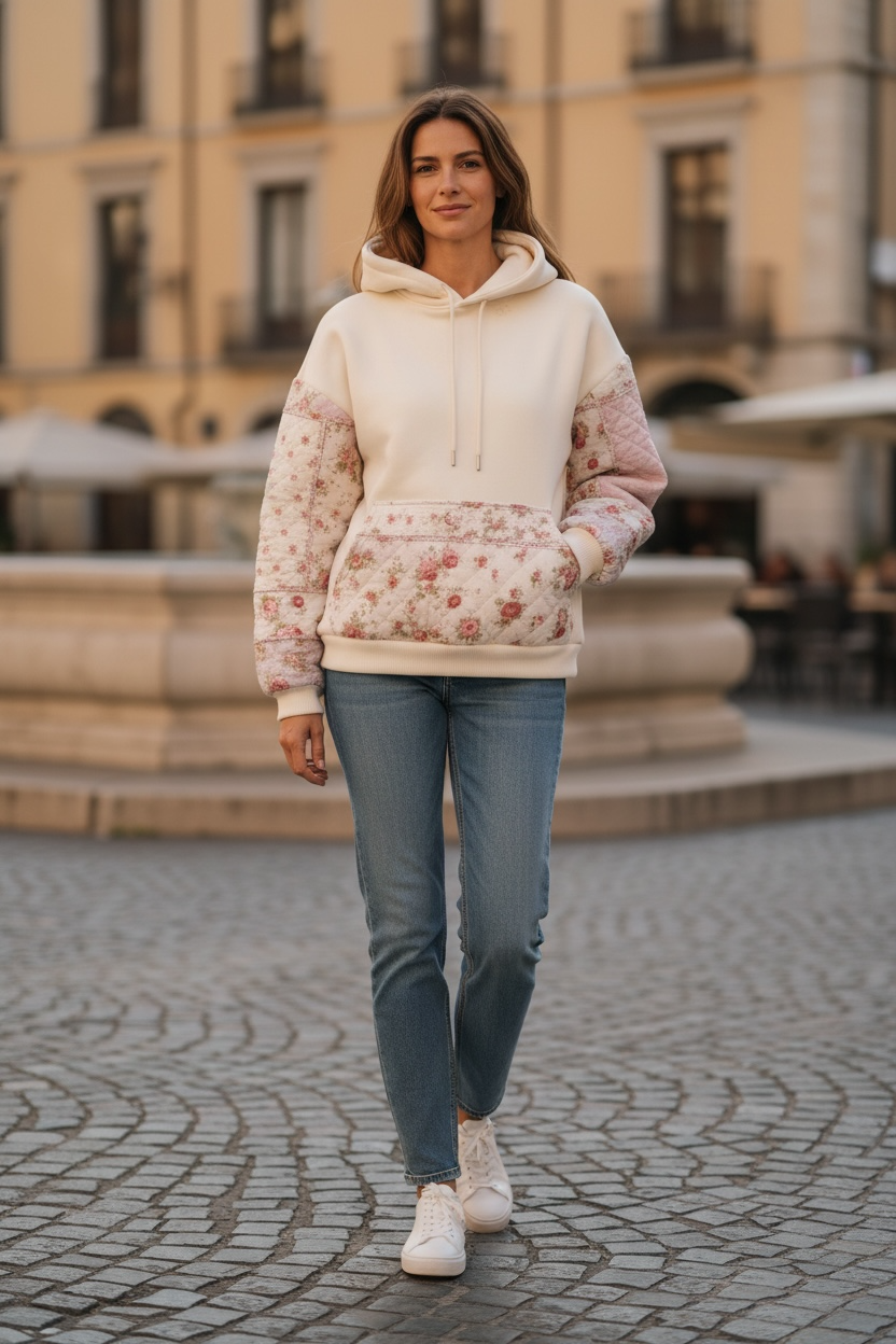 Butter Cream And Pink Quilted Flower Hoodie